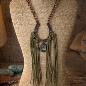 Gypsy South Horseshoe Rustic Bohemian Olive Suede Fringe Necklace
